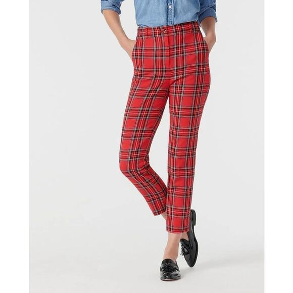 J. Crew High Rise Cameron Red Tartan Plaid Wool Pants Women's Size 2T TALL - Picture 1 of 12